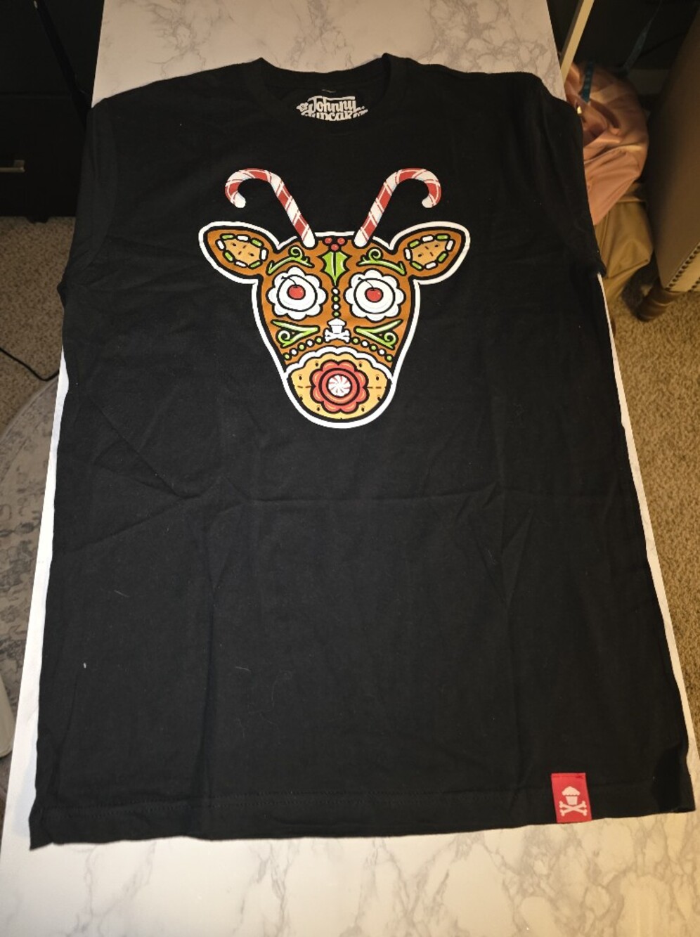 Johnny Cupcakes Black Tee with Colorful Candy-Reindeer Graphic
